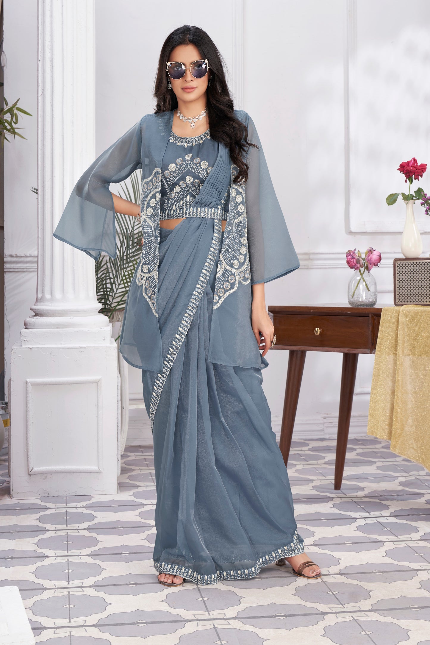 Premium Pure Organza Ready to Wear Saree & Stitched Blouse With Embroidery And Sequins Work Stitched Pallu Fancy Drape Sarees