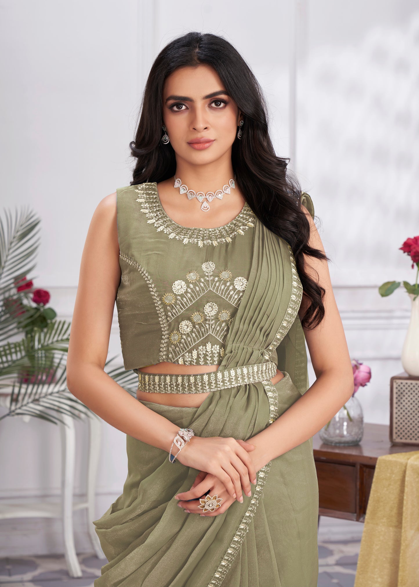 Premium Pure Organza Ready to Wear Saree & Stitched Blouse With Embroidery And Sequins Work Stitched Pallu Fancy Drape Sarees
