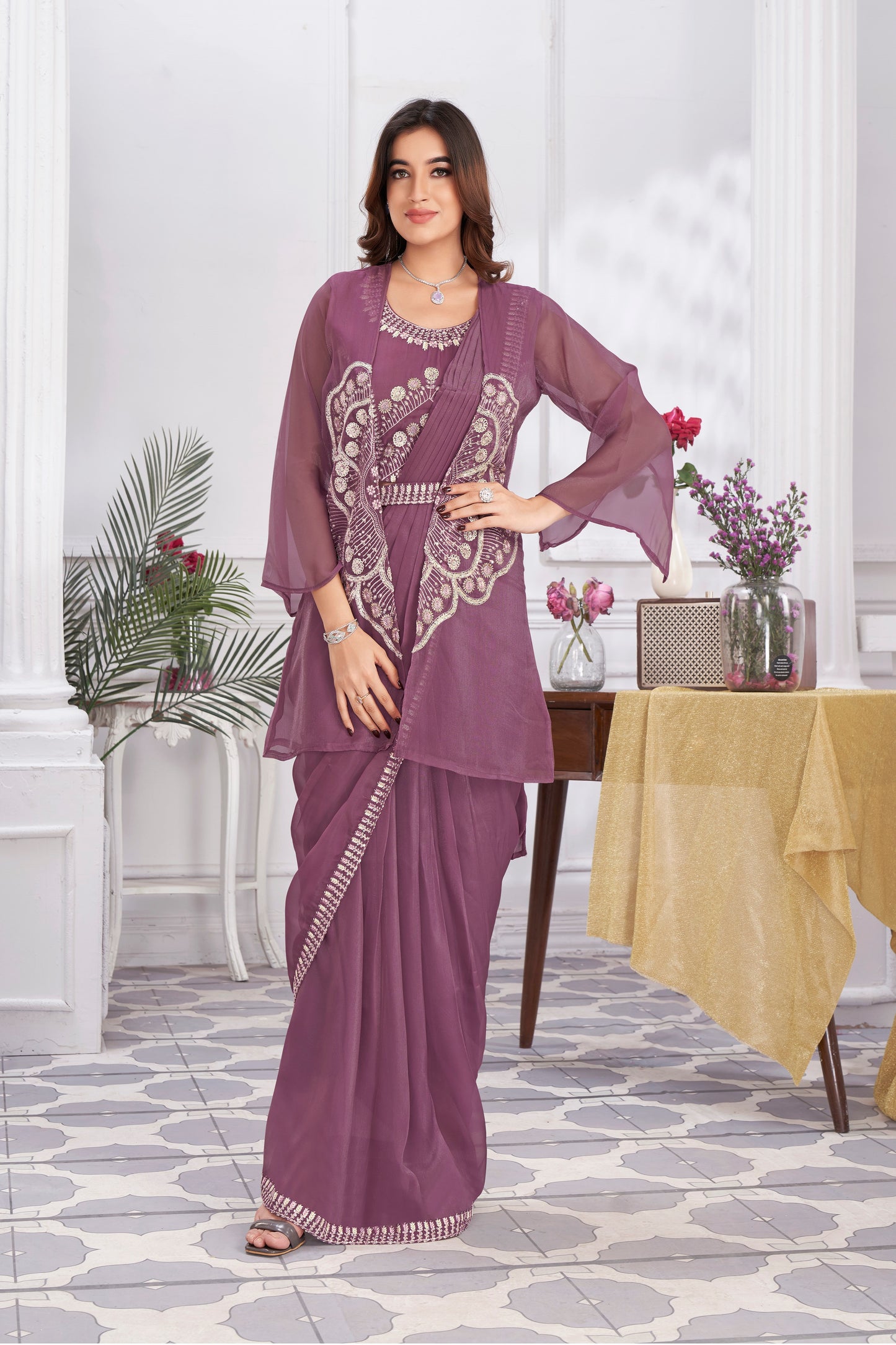Premium Pure Organza Ready to Wear Saree & Stitched Blouse With Embroidery And Sequins Work Stitched Pallu Fancy Drape Sarees