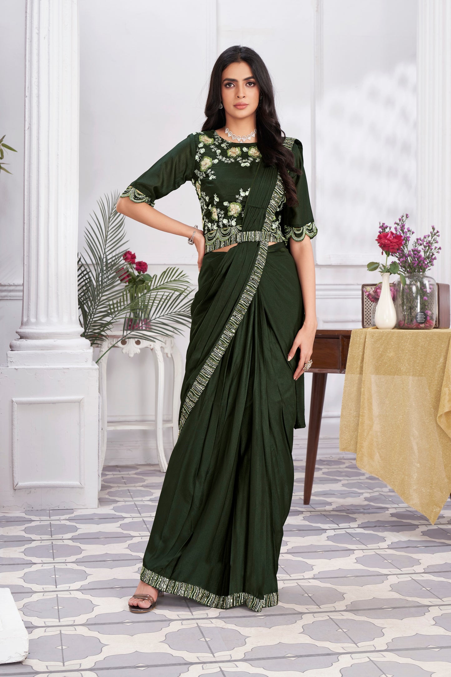 Premium Shimmer Georgette Ready to Wear Saree & Stitched Blouse With Embroidery And Sequins Work Stitched Pallu Fancy Drape Sarees