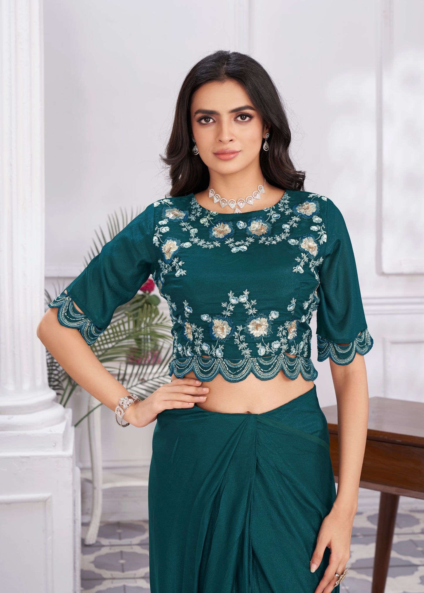 Premium Shimmer Georgette Ready to Wear Saree & Stitched Blouse With Embroidery And Sequins Work Stitched Pallu Fancy Drape Sarees