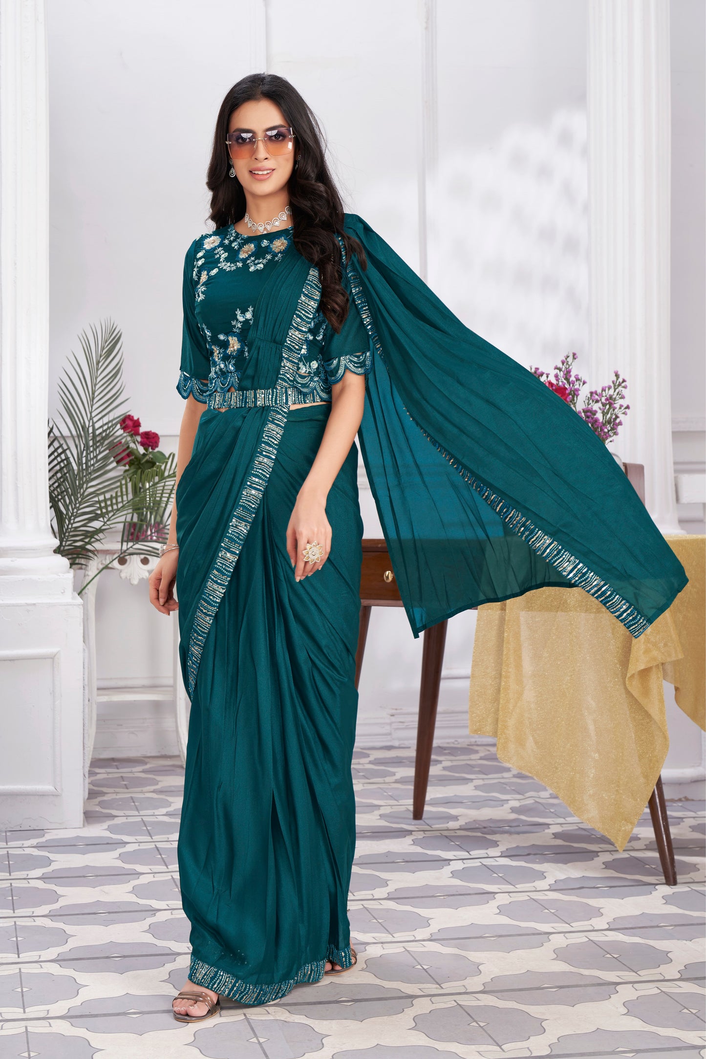 Premium Shimmer Georgette Ready to Wear Saree & Stitched Blouse With Embroidery And Sequins Work Stitched Pallu Fancy Drape Sarees