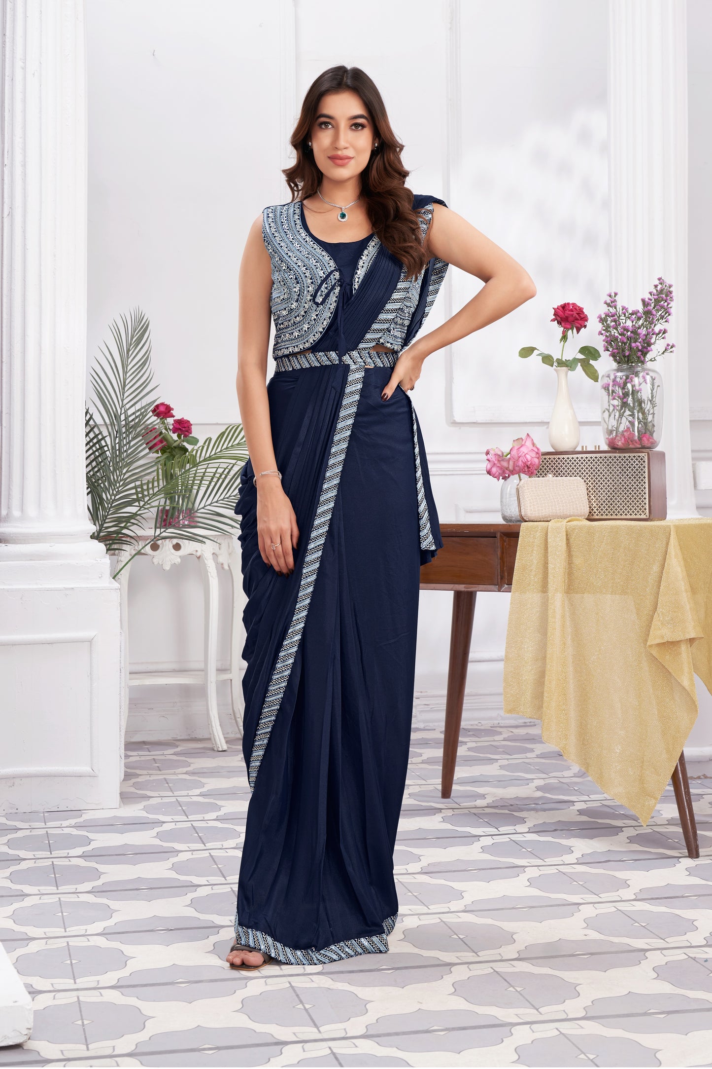 Premium Shimmer Georgette Ready to Wear Saree & Stitched Blouse With Embroidery And Sequins Work Stitched Pallu Fancy Drape Sarees
