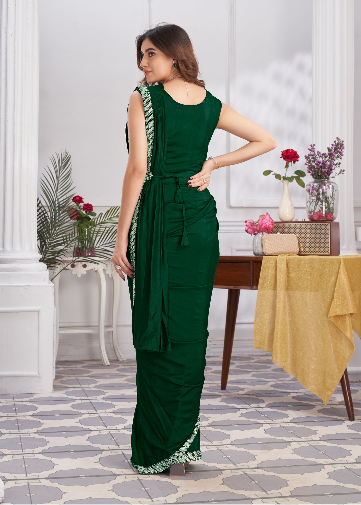 Premium Shimmer Georgette Ready to Wear Saree & Stitched Blouse With Embroidery And Sequins Work Stitched Pallu Fancy Drape Sarees