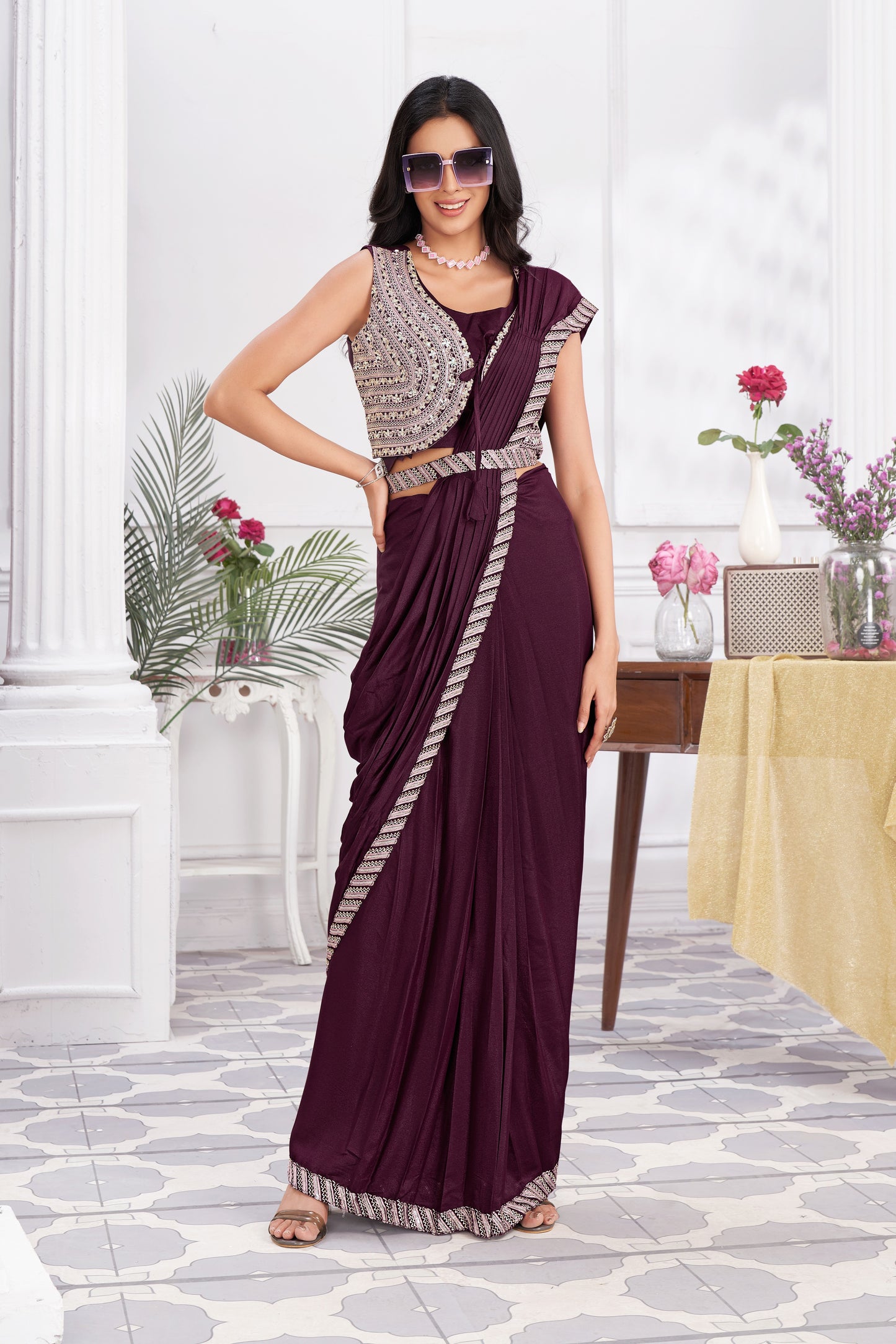 Premium Shimmer Georgette Ready to Wear Saree & Stitched Blouse With Embroidery And Sequins Work Stitched Pallu Fancy Drape Sarees