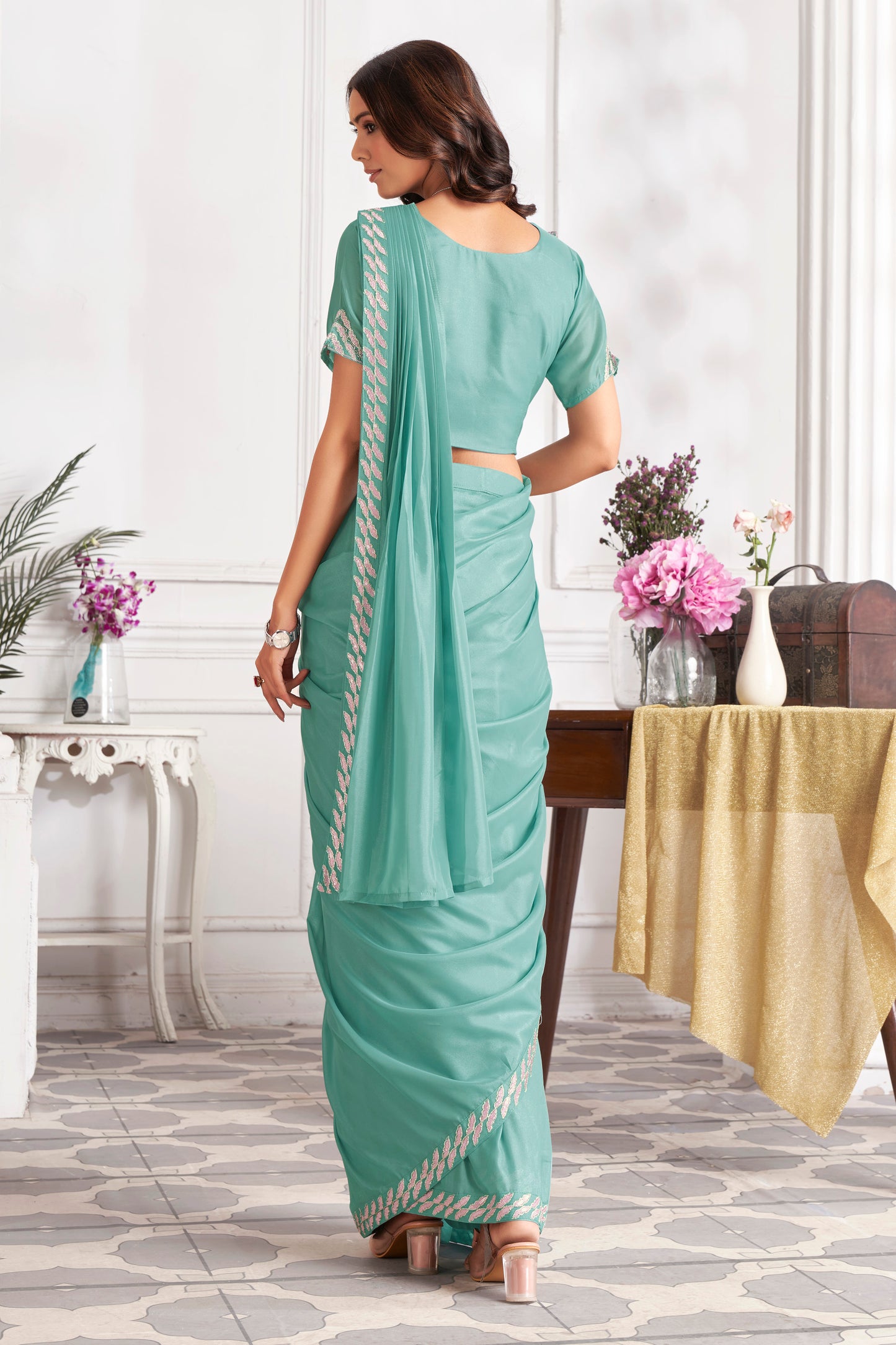 Premium Satin Silk Ready to Wear Saree & Stitched Blouse With Embroidery And Sequins Work Stitched Pallu Fancy Drape Sarees