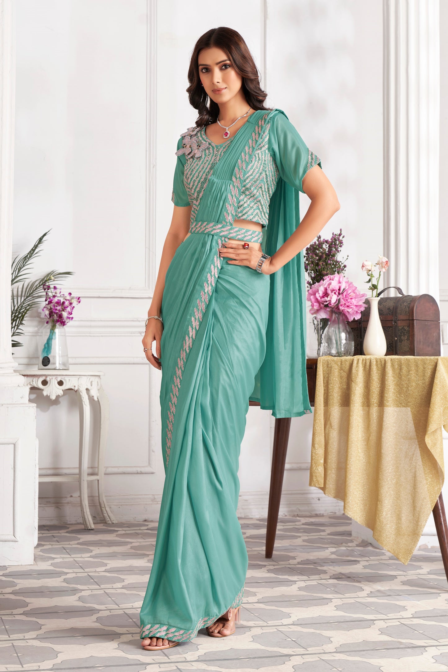 Premium Satin Silk Ready to Wear Saree & Stitched Blouse With Embroidery And Sequins Work Stitched Pallu Fancy Drape Sarees