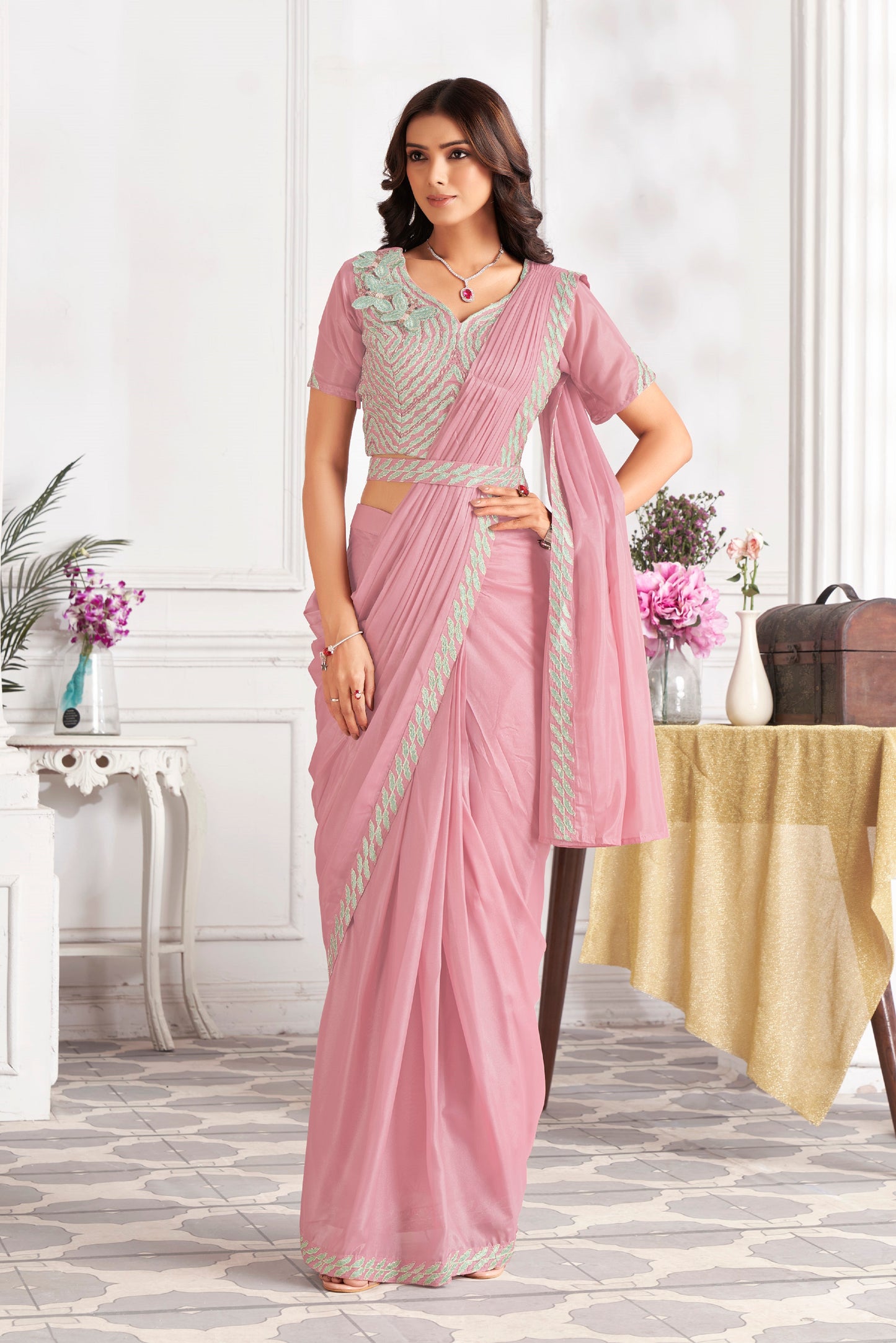 Premium Satin Silk Ready to Wear Saree & Stitched Blouse With Embroidery And Sequins Work Stitched Pallu Fancy Drape Sarees
