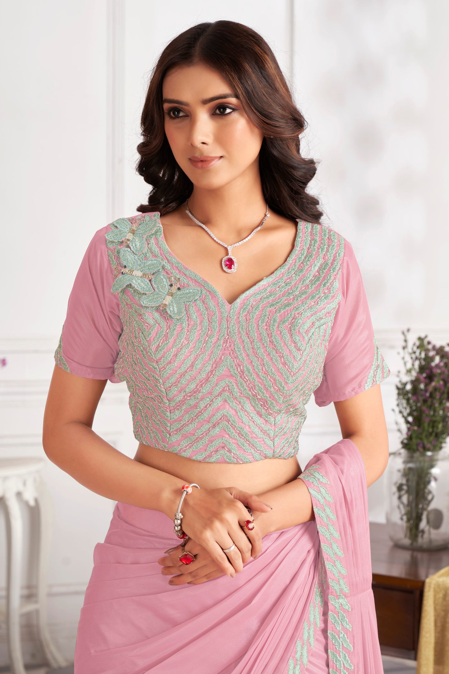 Premium Satin Silk Ready to Wear Saree & Stitched Blouse With Embroidery And Sequins Work Stitched Pallu Fancy Drape Sarees