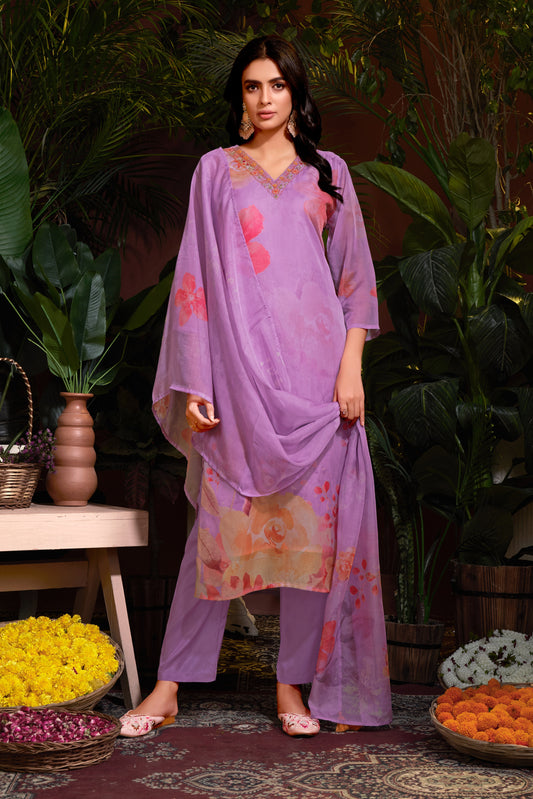 Premium Organza with Digital Print Pure Muslin Inner Santoon Bottom Fabric Oraganza Dupatta V Neck With Hand Work & Sequence Salwar Kameez Dupatta 3 Pcs Set