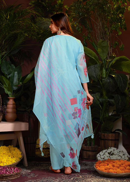 Premium Organza with Digital Print Pure Muslin Inner Santoon Bottom Fabric Oraganza Dupatta V Neck With Hand Work & Sequence Salwar Kameez Dupatta 3 Pcs Set