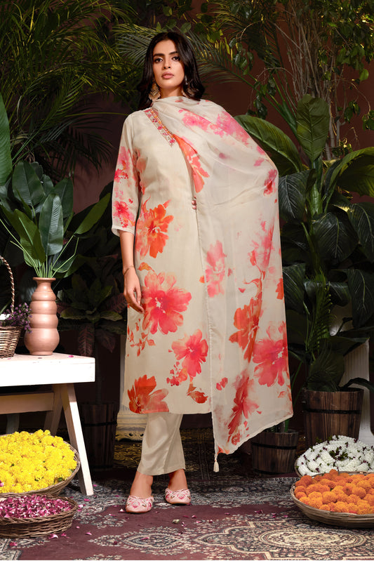 Premium Organza with Digital Print Pure Muslin Inner Santoon Bottom Fabric Oraganza Dupatta V Neck With Hand Work & Sequence Salwar Kameez Dupatta 3 Pcs Set