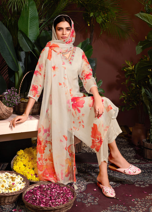 Premium Organza with Digital Print Pure Muslin Inner Santoon Bottom Fabric Oraganza Dupatta V Neck With Hand Work & Sequence Salwar Kameez Dupatta 3 Pcs Set