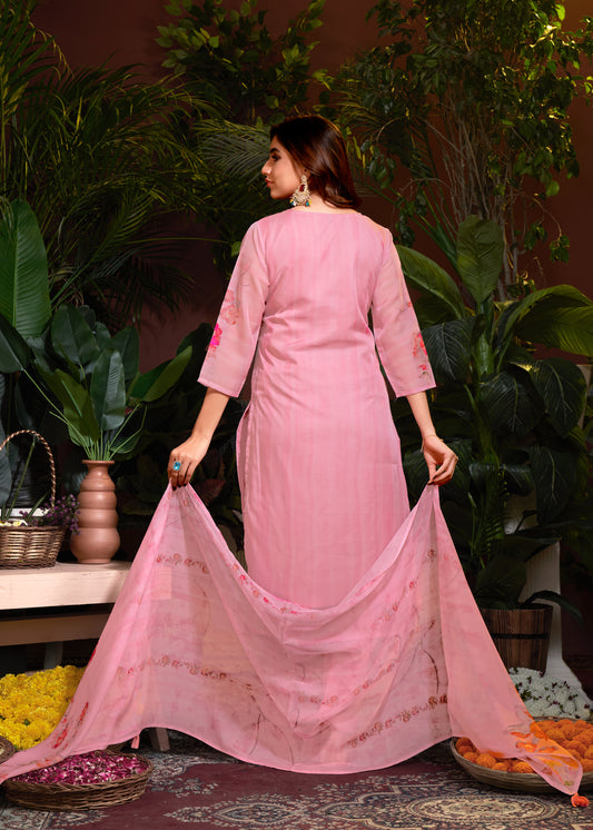 Premium Organza with Digital Print Pure Muslin Inner Santoon Bottom Fabric Oraganza Dupatta V Neck With Hand Work & Sequence Salwar Kameez Dupatta 3 Pcs Set