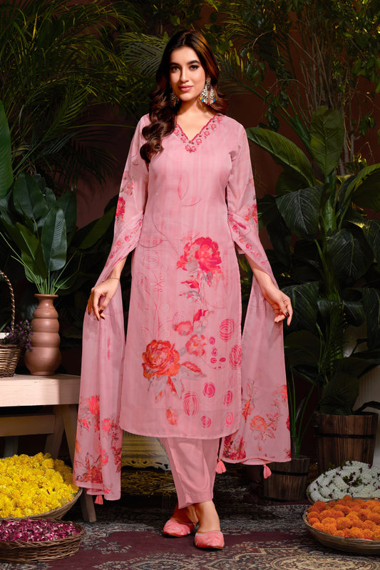 Premium Organza with Digital Print Pure Muslin Inner Santoon Bottom Fabric Oraganza Dupatta V Neck With Hand Work & Sequence Salwar Kameez Dupatta 3 Pcs Set