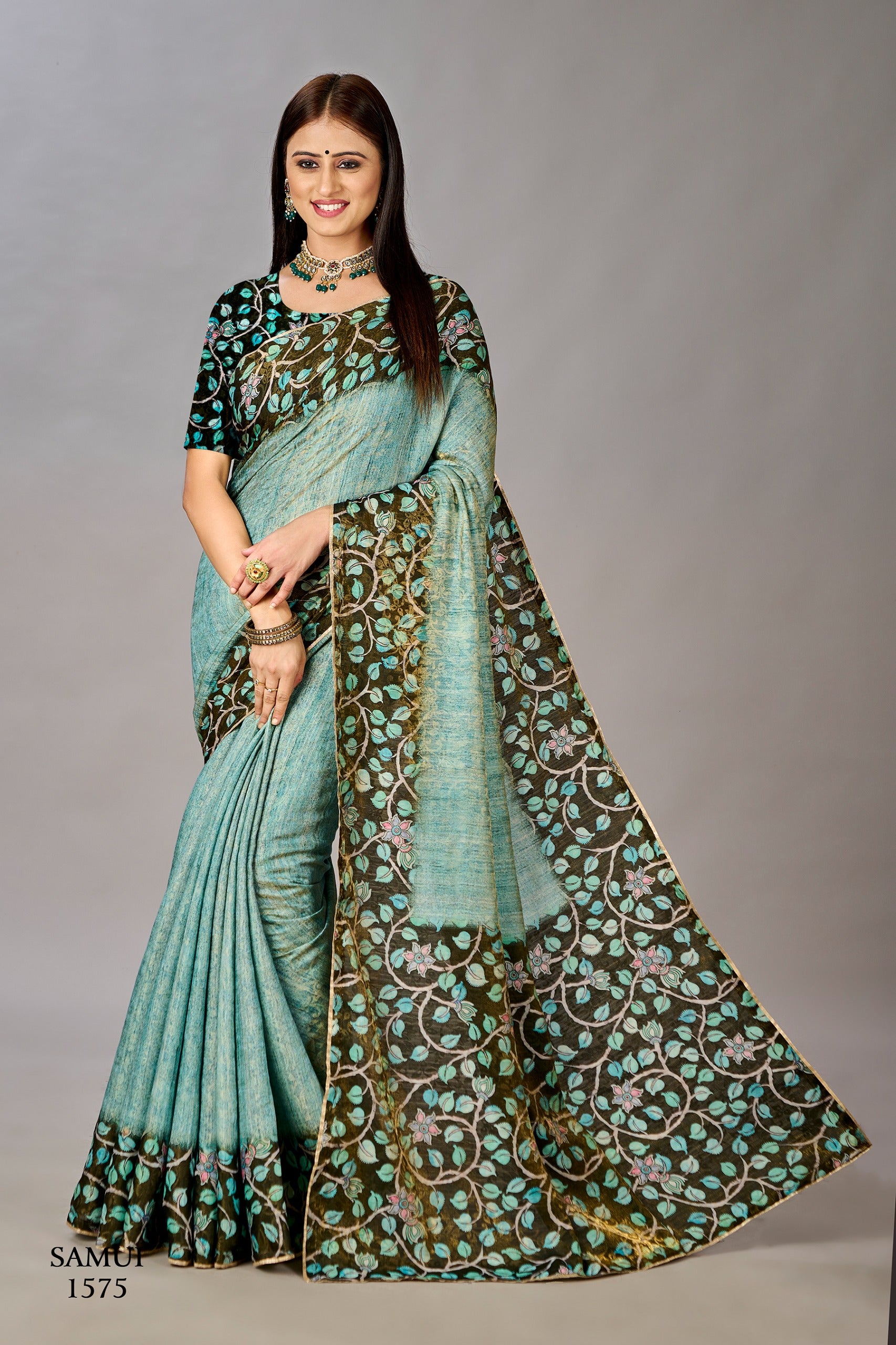 Premium Natural Silk High Definition Jacquard Zari Digital Printed Blouse With Saree - jivora