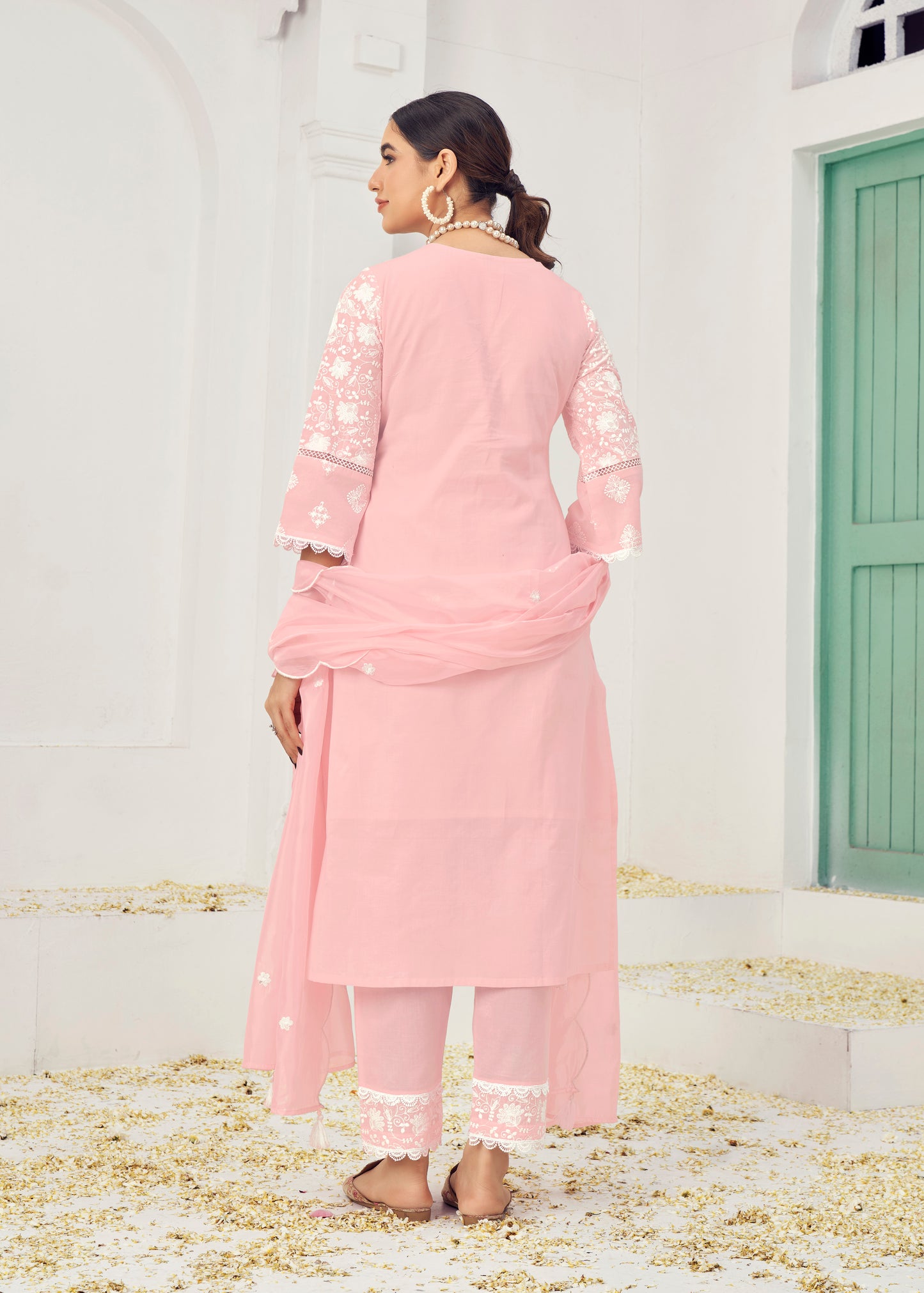 Premium Pure Cotton Top Bottom Fabric Poly  Chanderi Dupatta Lakhanvi Style Boring Embroidery Work Salwar Kameez Dupatta 3 Pcs Set
