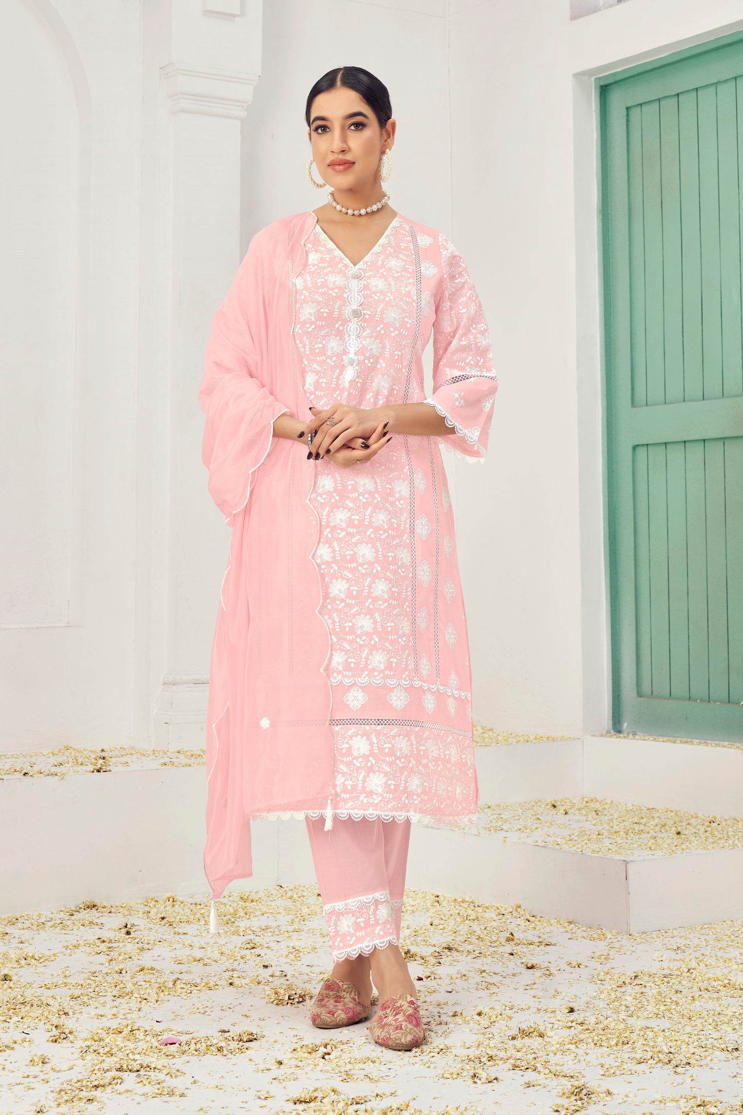 Premium Pure Cotton Top Bottom Fabric Poly  Chanderi Dupatta Lakhanvi Style Boring Embroidery Work Salwar Kameez Dupatta 3 Pcs Set