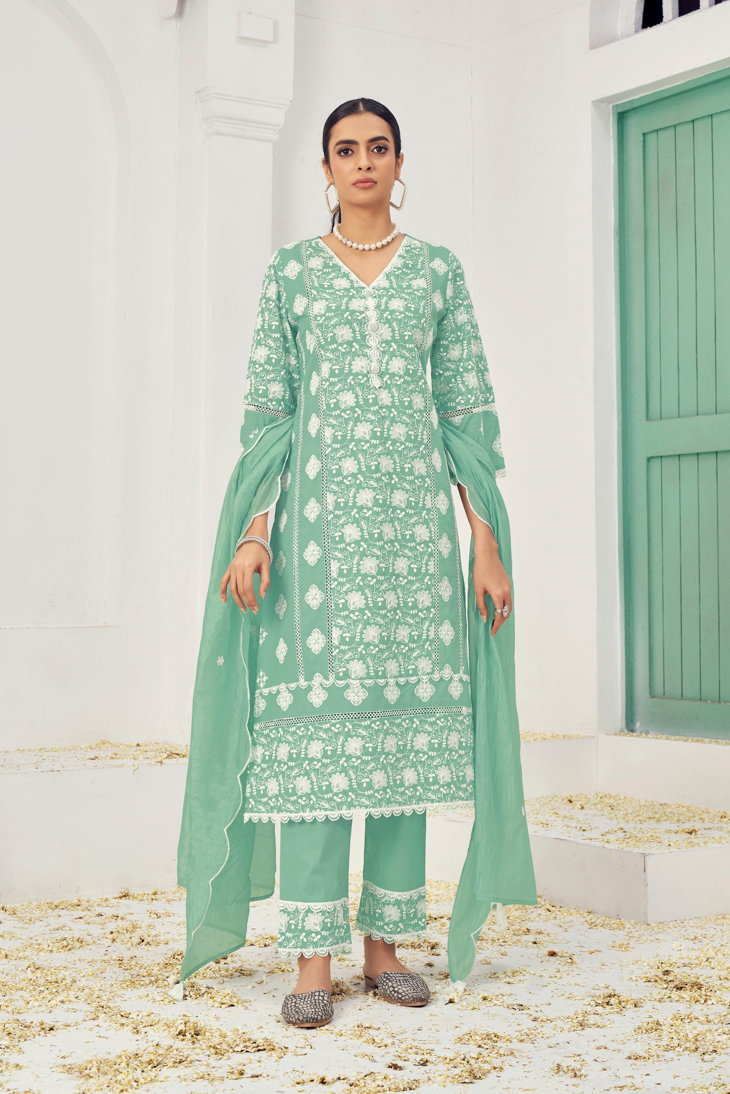 Premium Pure Cotton Top Bottom Fabric Poly  Chanderi Dupatta Lakhanvi Style Boring Embroidery Work Salwar Kameez Dupatta 3 Pcs Set