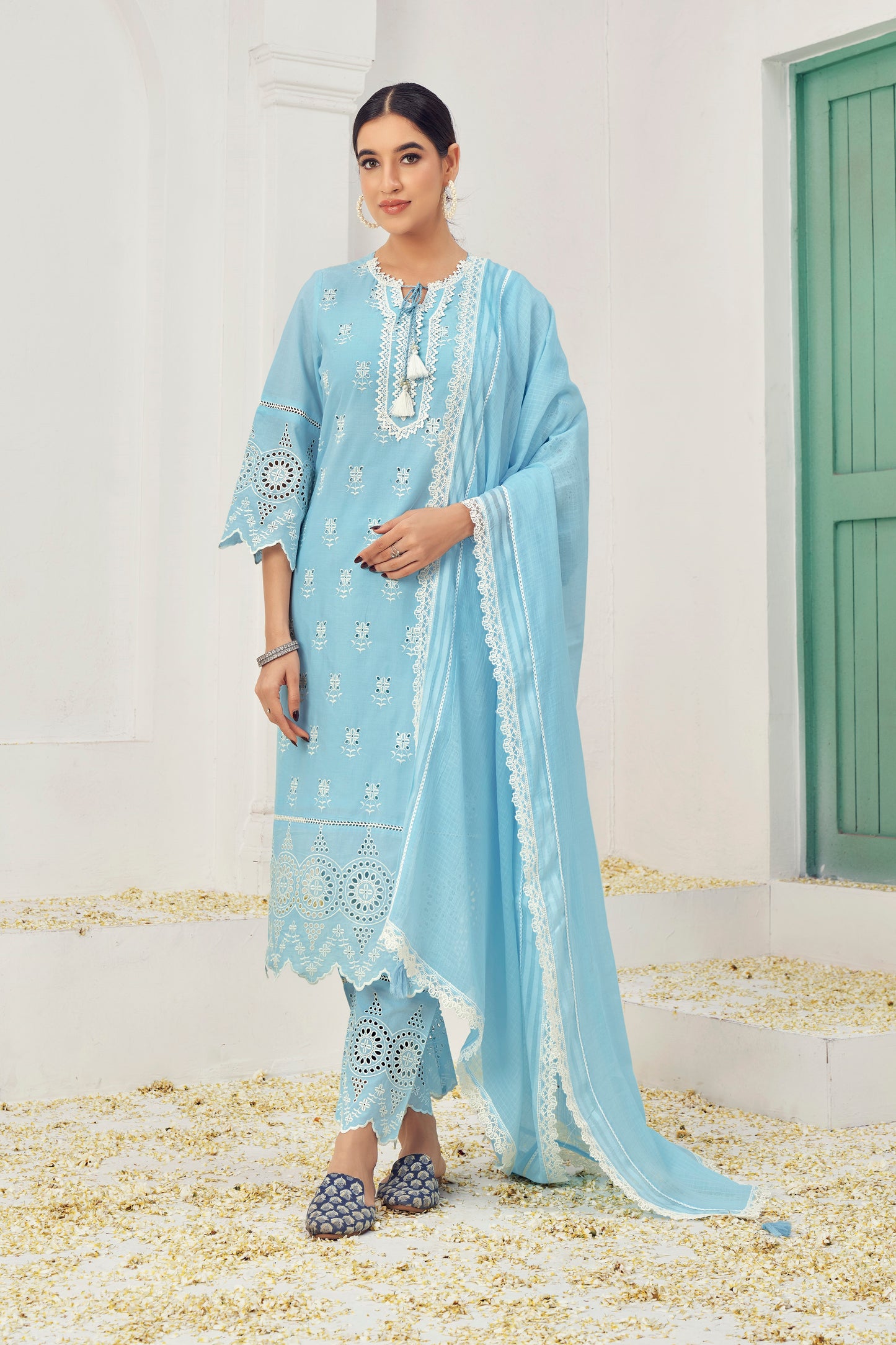 Premium Pure Cotton Top Bottom Fabric Poly  Chanderi Dupatta Lakhanvi Style Boring Embroidery Work Salwar Kameez Dupatta 3 Pcs Set