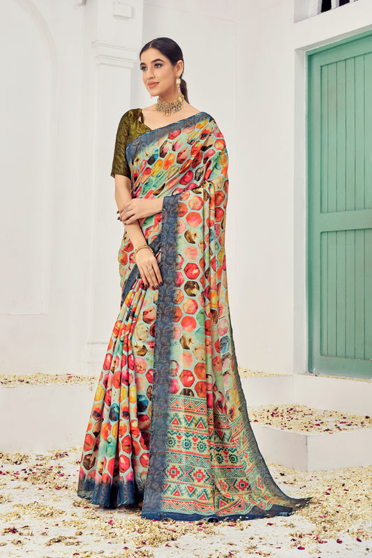 Premium Natural Silk Viscose With Pure Jacquard Zari Woven In the fabric Digital Printed Work Saree