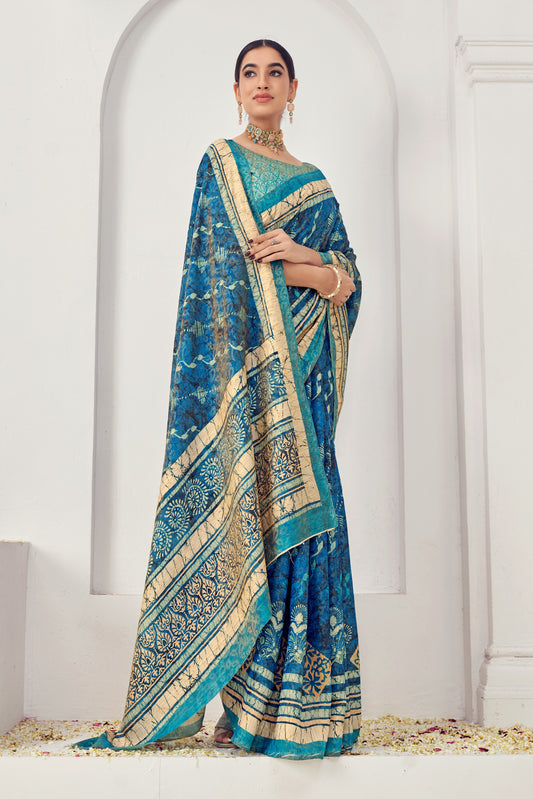 Premium Natural Silk Viscose With Pure Jacquard Zari Woven In the fabric Digital Printed Work Saree