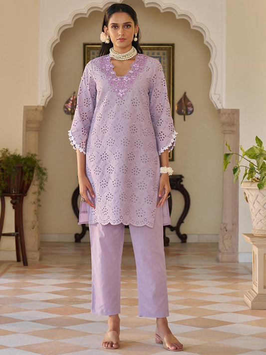 Chic cotton Chikankari Cutwork  Cordinating set In Soothing Colors