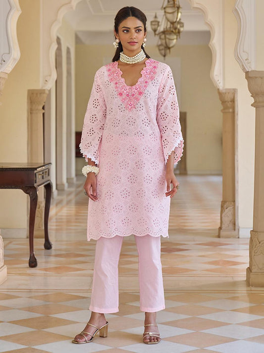 Chic cotton Chikankari Cutwork  Cordinating set In Soothing Colors